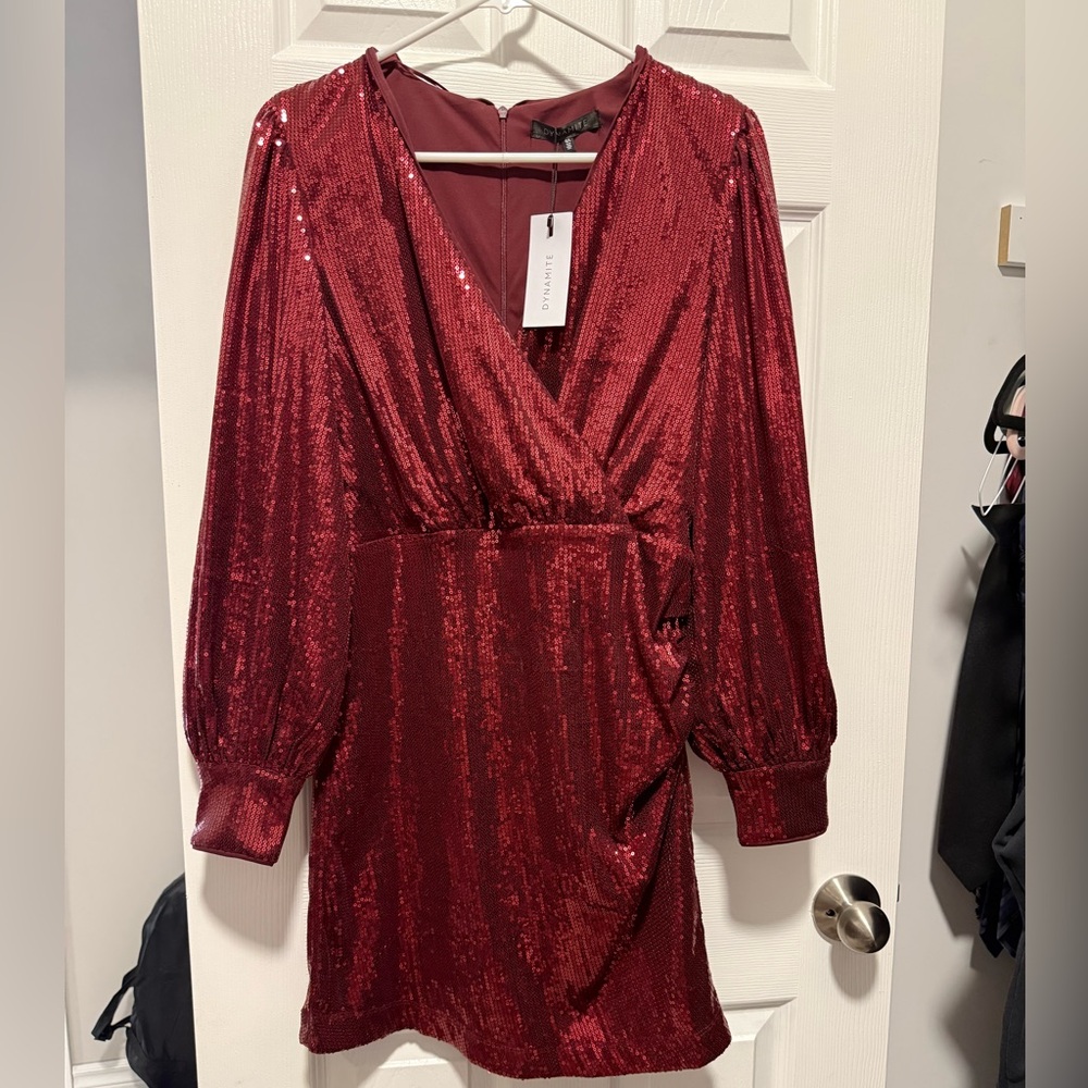 Dynamite Red Bodycon Dress with Bishop Sleeves and V-neck